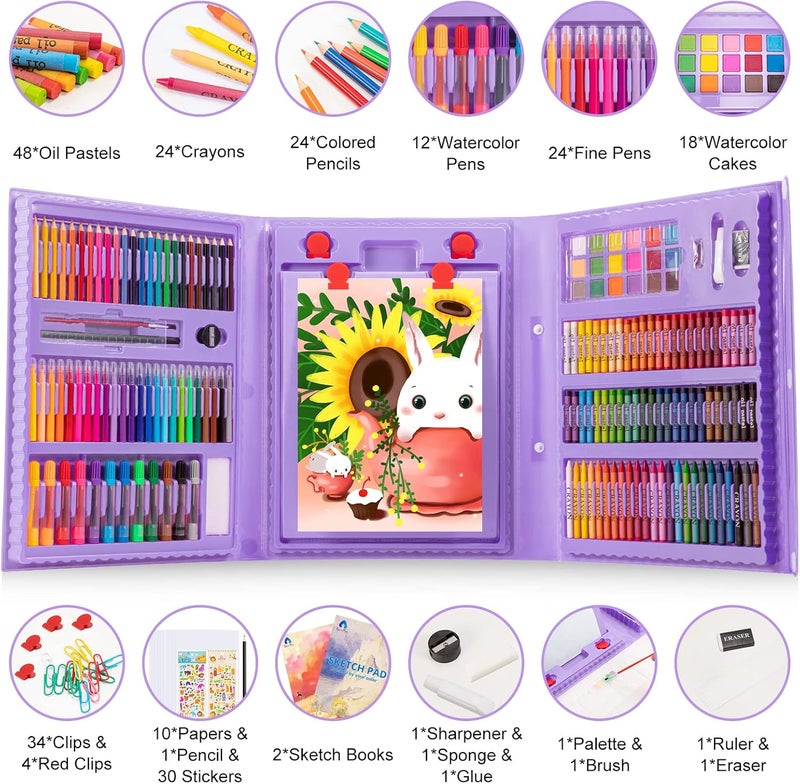 Vigorfun Art Supplies, 240-Piece Drawing Art Kit, Gifts for Girls Boys Teens, Art Set Crafts Case with Double Sided Trifold Easel, Includes Sketch Pads, Oil Pastels, Crayons, Colored Pencils (Purple) - Image 2
